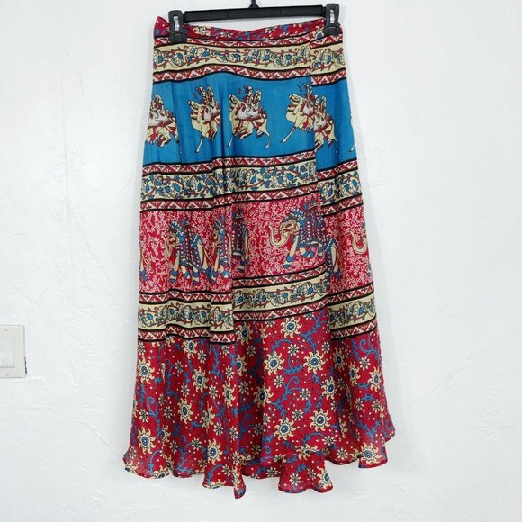 Tolani Dresses & Skirts - Tolani Blue & Red Elephant Boho Silk Wrap Skirt